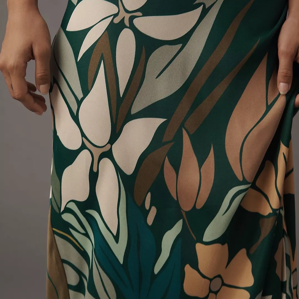 Anthropologie -bl-nk- label Emerald Green Satin Floral Maxi Dress - Picture 4 of 11